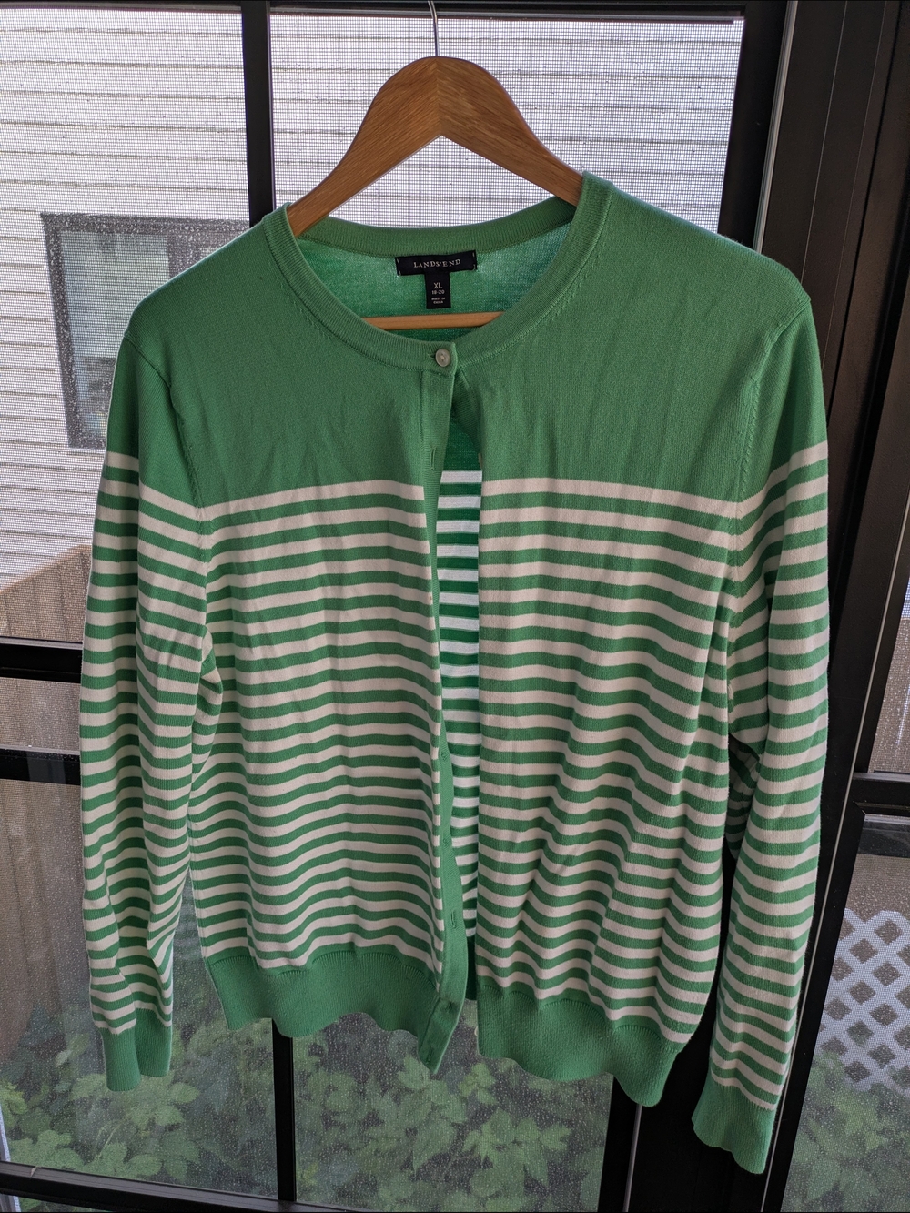 Lands' End Green and White Striped Cotton Cardigan
